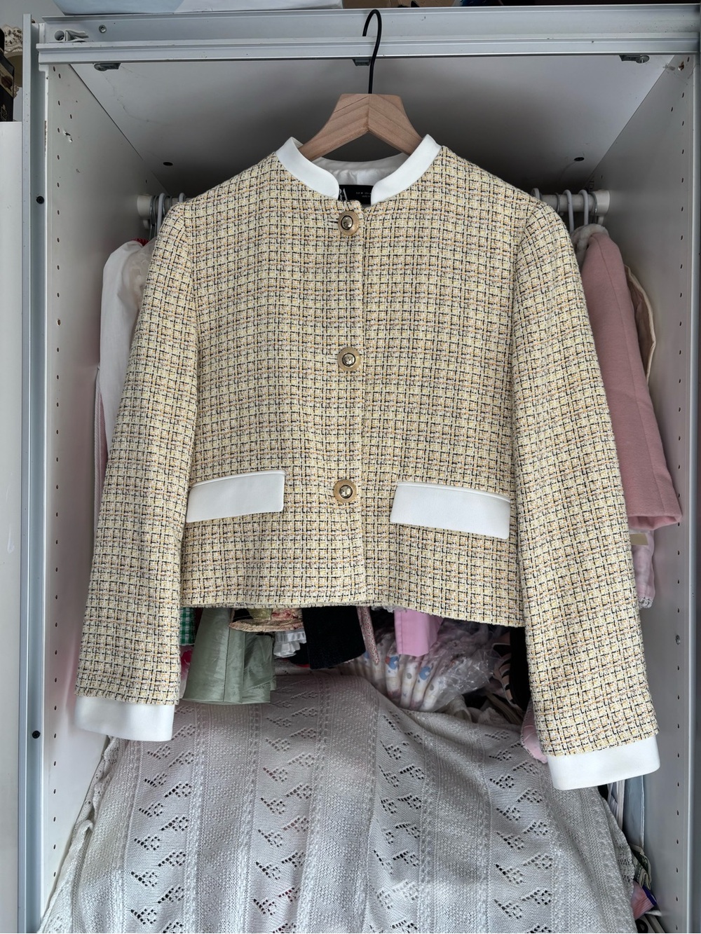 Zara Cream Tweed Cropped Jacket with White Trim